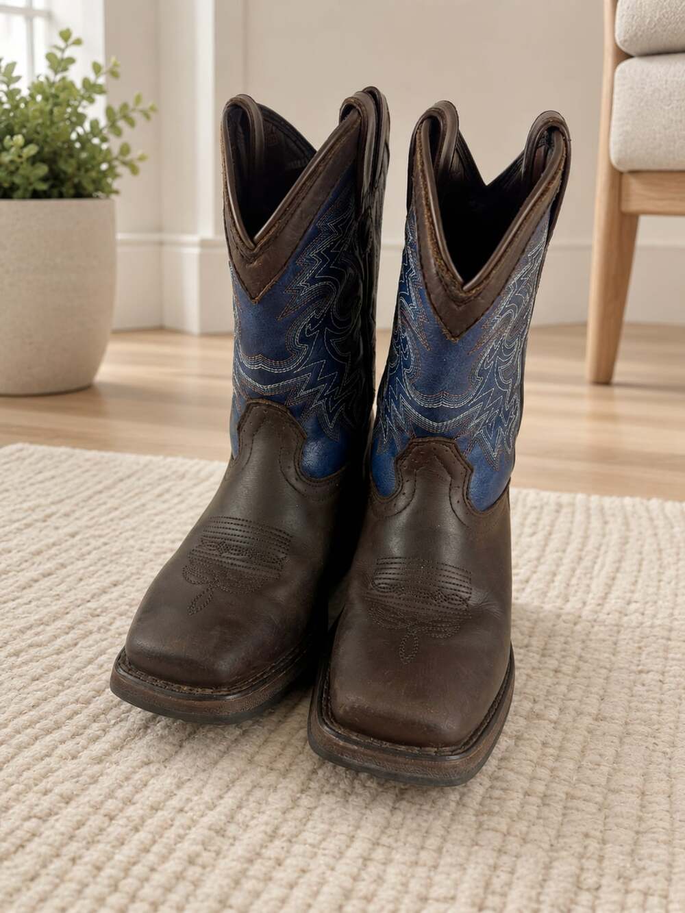Durango Lil’ Rebel Kids Western Cowboy Boots Tan Navy Leather Square Toe 13M